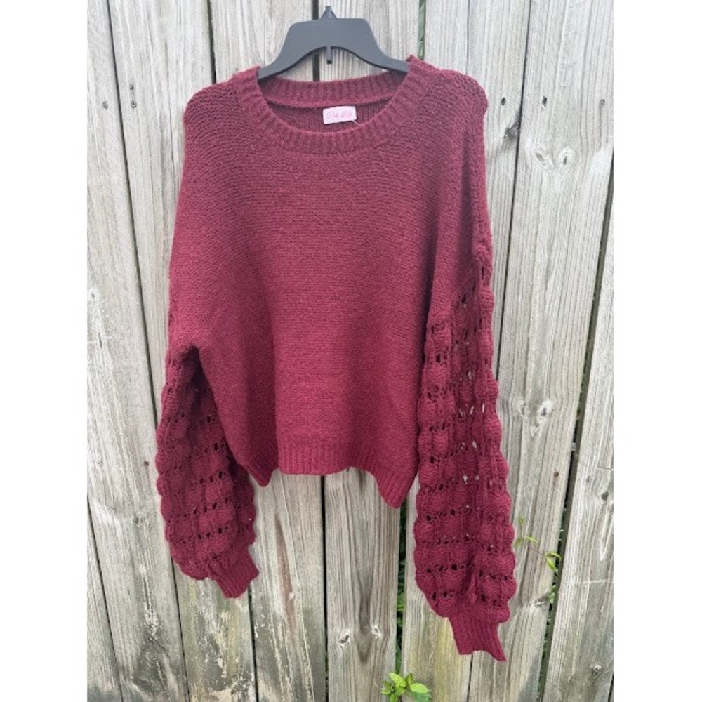 Boho Crochet Pink Lily Bubble Sleeve Sweater S Burgundy Wine Knit Pullover
